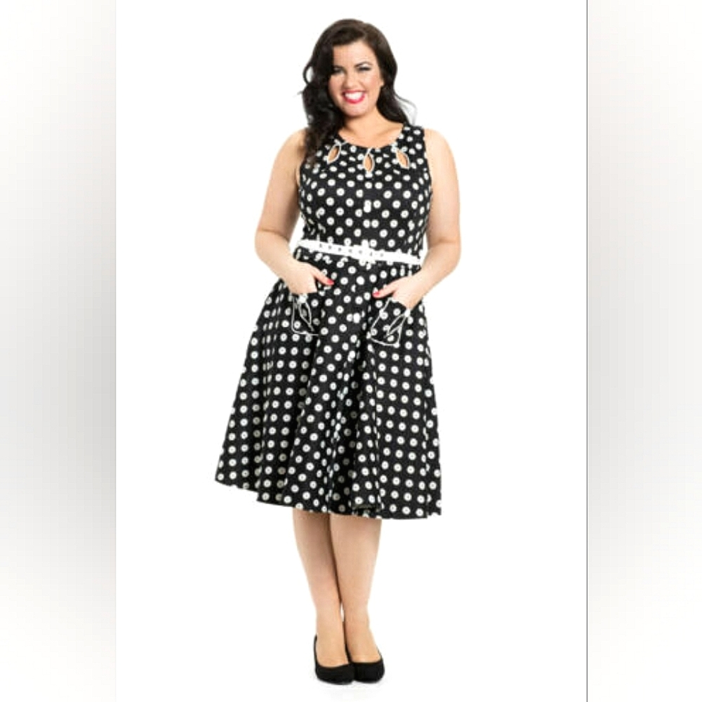 EUC Voodoo Vixen Dahlia Polka Dot Floral B&W Fit & Flare Vintage Retro Dress XL